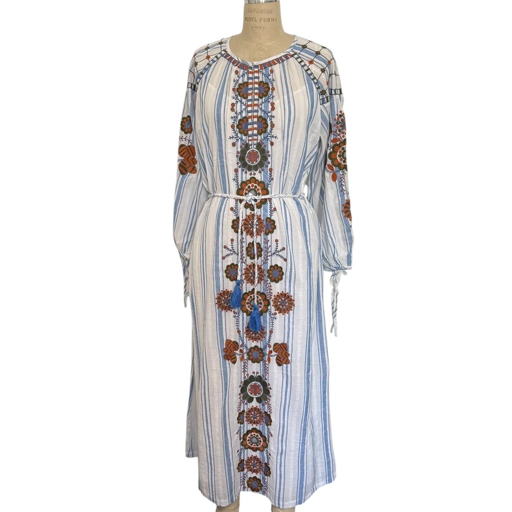 NEW Antik Batik Embroidered Striped Midi Dress XS Camilla White Blue Tassel Belt